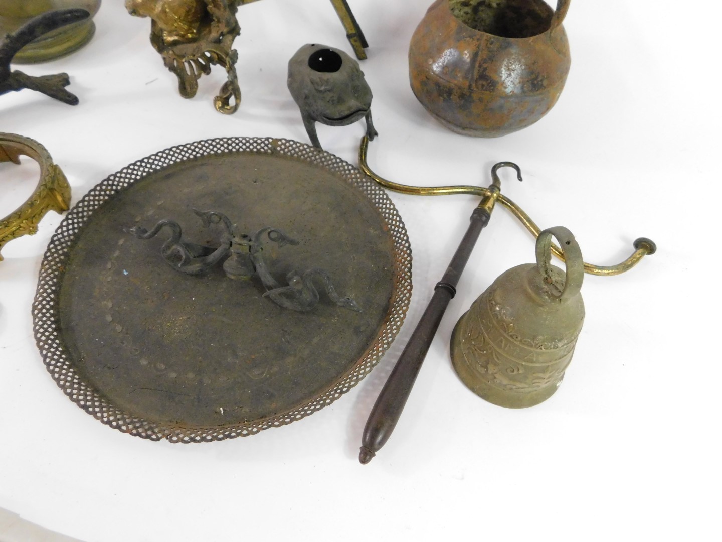 A 19thC cast iron cooking pot, a late 19th French brass chenet cast with a lioness, an incense - Image 3 of 4