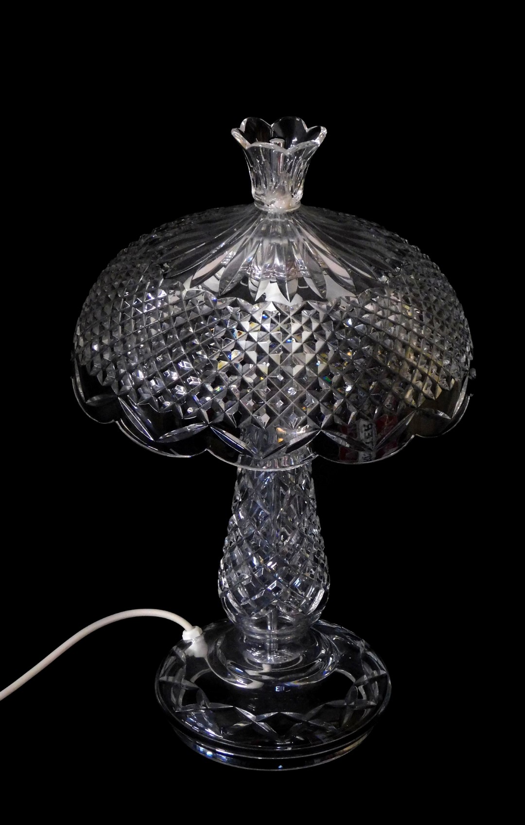 A Waterford cut glass table lamp, with circular cut glass shade, 49cm H.