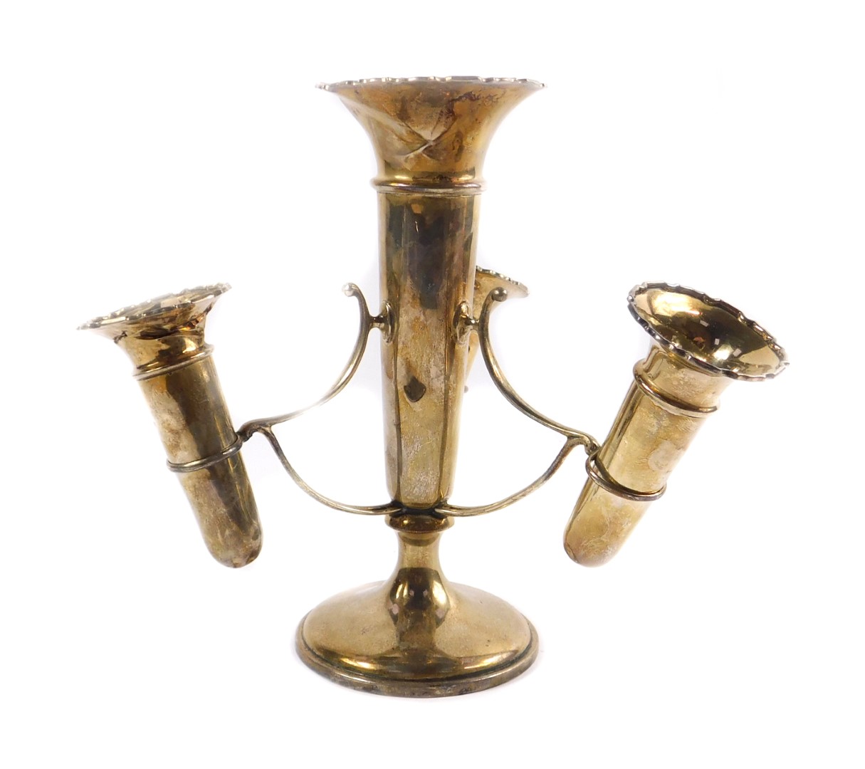 A George V silver three branch epergne, with a central trumpet and three removable trumpets,