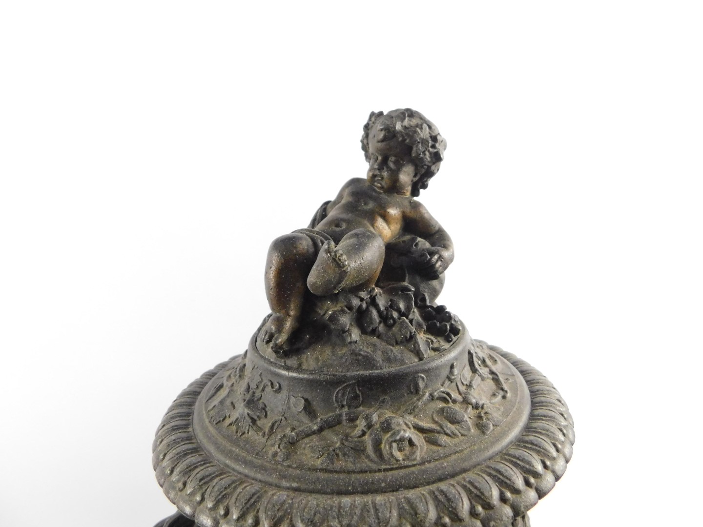 A pair of late 19thC Continental spelter urns and covers, of twin handled semi fluted form, cast - Image 4 of 5