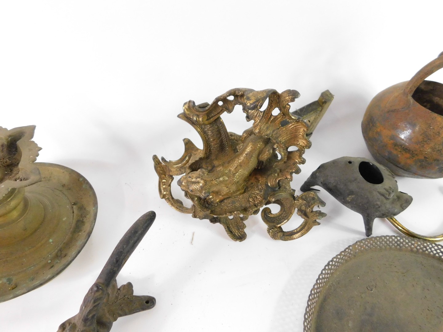 A 19thC cast iron cooking pot, a late 19th French brass chenet cast with a lioness, an incense - Image 2 of 4