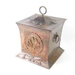 A Victorian copper coal bucket, with lead liner, of square form with hammered and embossed