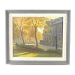 F L Crampton (British, 20thC). Autumnal park and street scene in Leicester, oil on canvas, signed,