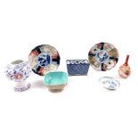 A group of Oriental ceramics, including a Chinese blue and white flower brick, 15cm W, a pair of