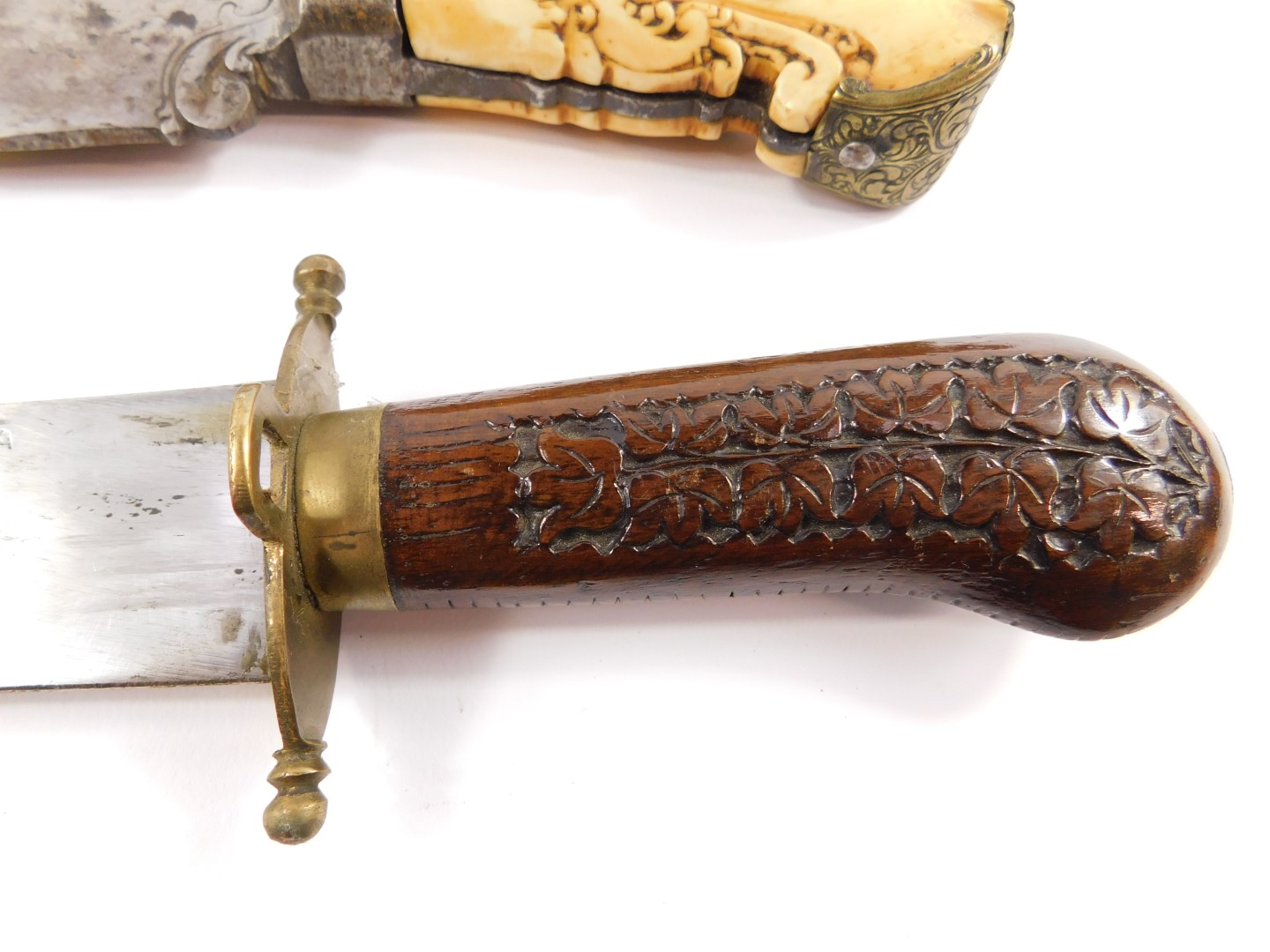 A 19thC hunting knife, possibly Indonesian with an engraved steel blade, and carved ivory and - Image 4 of 6