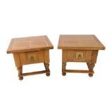 A pair of mango wood and marble inlaid side tables, each with marquetry tops and single small frieze
