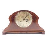 An Edwardian mahogany and bird's eye maple mantel clock, silver circular dial bearing Arabic