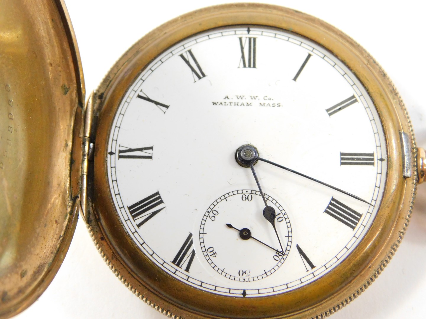 A Waltham gentleman's gold plated Hunter pocket watch, keyless wind, enamel dial bearing Roman - Image 4 of 7