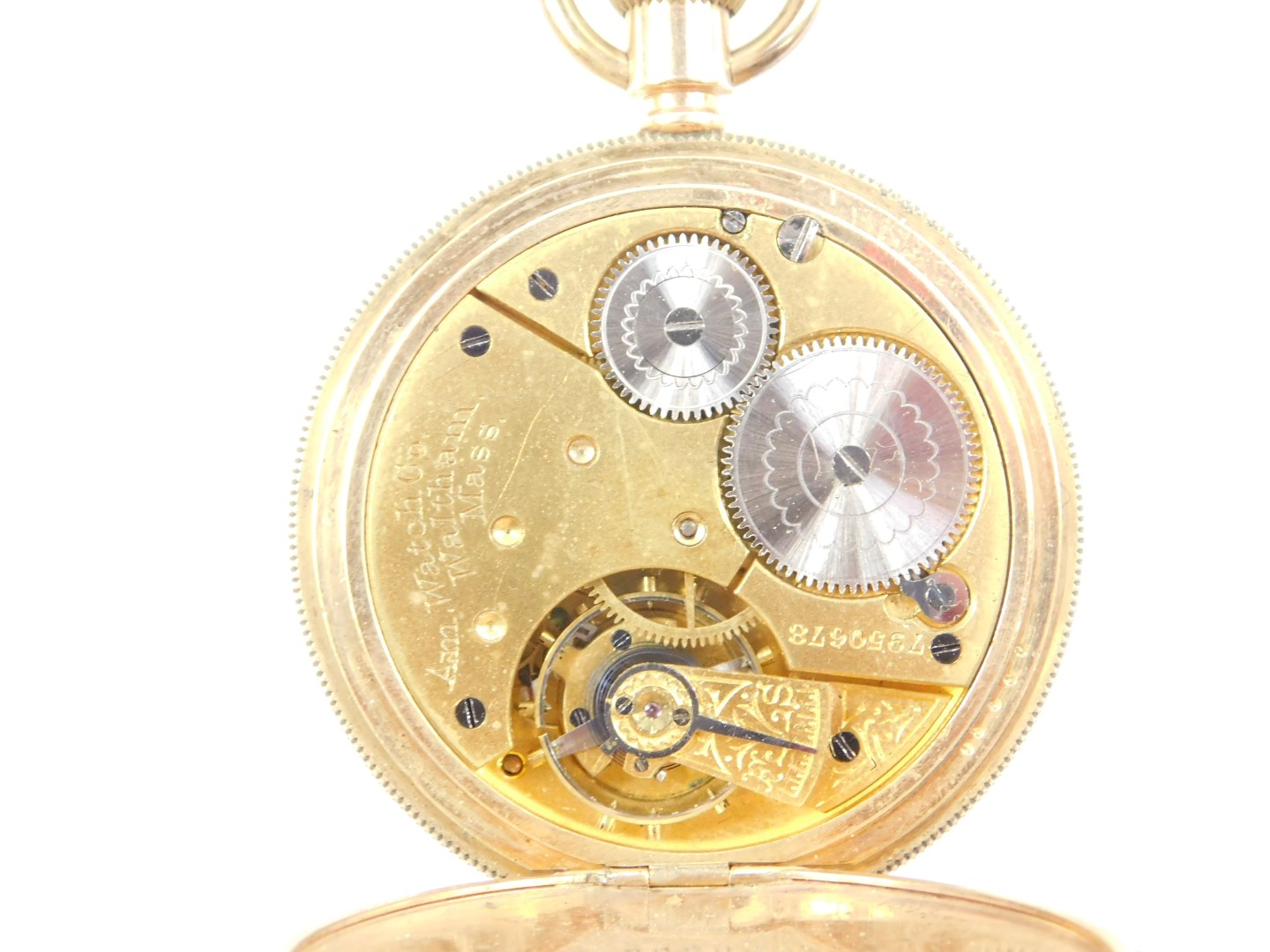 A Waltham gentleman's gold plated Hunter pocket watch, keyless wind, enamel dial bearing Roman - Image 5 of 7