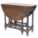 An antique bobbin turned gate leg table, constructed from late 17thC and later timbers, 95cm L.