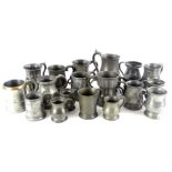 Miscellaneous 19thC pewter tankards, various shapes and conditions.