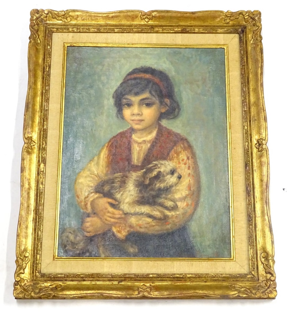 Leonardo Pizzanelli (1920-1984). Portrait of a young girl with a dog, oil on canvas, 61cm x 45cm.