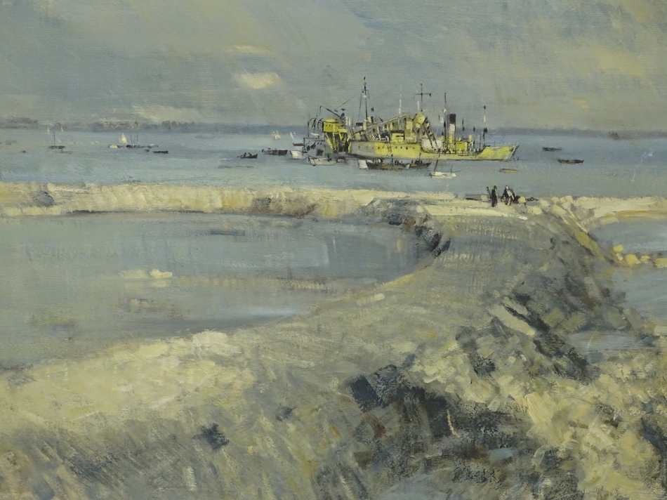 Robert King. Dredger boats reclaiming canal at Havant nr Portsmouth, oil on canvas, signed and