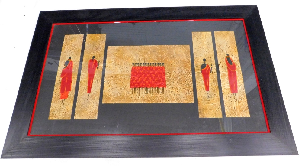 African School. Tribal warriors, montage of five oil paintings, the largest 37cm x 52cm.