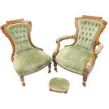 Two matching Victorian walnut and parquetry chairs, each with buttoned green upholstered back, and