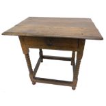 An 18thC oak side table, the rectangular planked top with a moulded edge above frieze drawer, on
