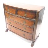 A Regency mahogany D fronted chest, of two short and three long graduated drawers on paw feet. (AF),