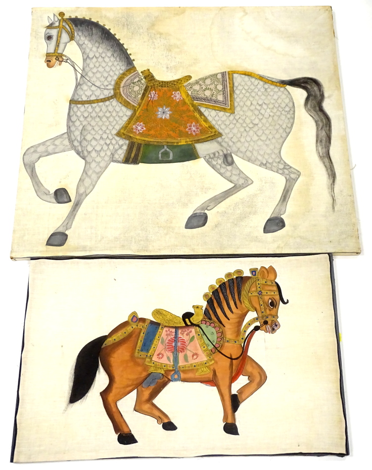 20thC Indian School. Horse wearing ceremonial saddle, etc., watercolour onto cotton, 83cm x 93cm,