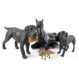 A collection of metal animals, to include a bronzed metal Labrador, a spelter seated horse with
