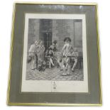Jules Jacquet (1841-1913). Soldiers at rest, after Meissoater, engraving, signed in pencil, 45cm x