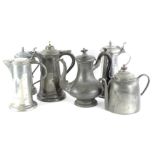 Miscellaneous pewter vessels, to include two lidded tankards, each with a plain acorn shaped knop,