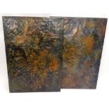 A pair of African hammered bronze panels, in plain frames, wooden backing, 121cm x 86cm.
