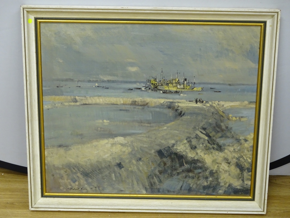 Robert King. Dredger boats reclaiming canal at Havant nr Portsmouth, oil on canvas, signed and - Image 2 of 4