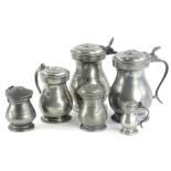 Six 19thC baluster shaped pewter imperial lidded measures, ranging from four gills down to one