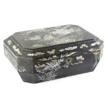 A 19thC Chinese export lacquer work box, inlaid in mother of pearl with flowers, leaves, etc.,