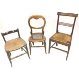 A 19thC elm side chair, with a rush seat, a balloon back chair and a low back painted chair. (AF,