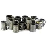Various 19thC and later pewter straight sided tankards, etc.