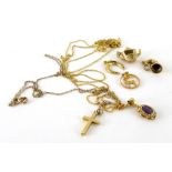 Various 9ct gold chains and charms, to include an amethyst set floral pendant on fine link chain,