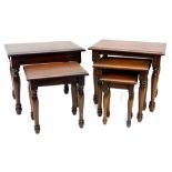 A suite of five tables, to include a nest of three, each with a moulded edge on turned legs, and two