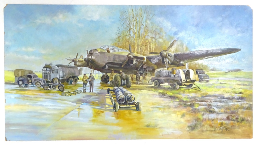 Dorothy Fox. Lancaster bomber, oil on board, 46cm x 84cm.