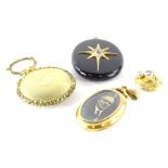 Various pendants, comprising a semi precious stone circular brooch, yellow metal unmarked, a 9ct
