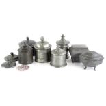 Miscellaneous 19thC and later pewter tobacco jars, mainly of plain cylindrical form, a lozenge