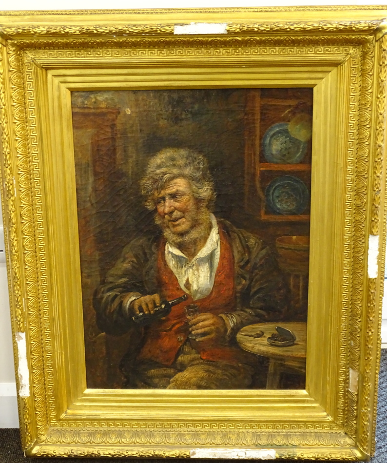 19thC Continental School. Old gentleman pouring a drink, oil on canvas, indistinctly signed, 67. - Image 2 of 4