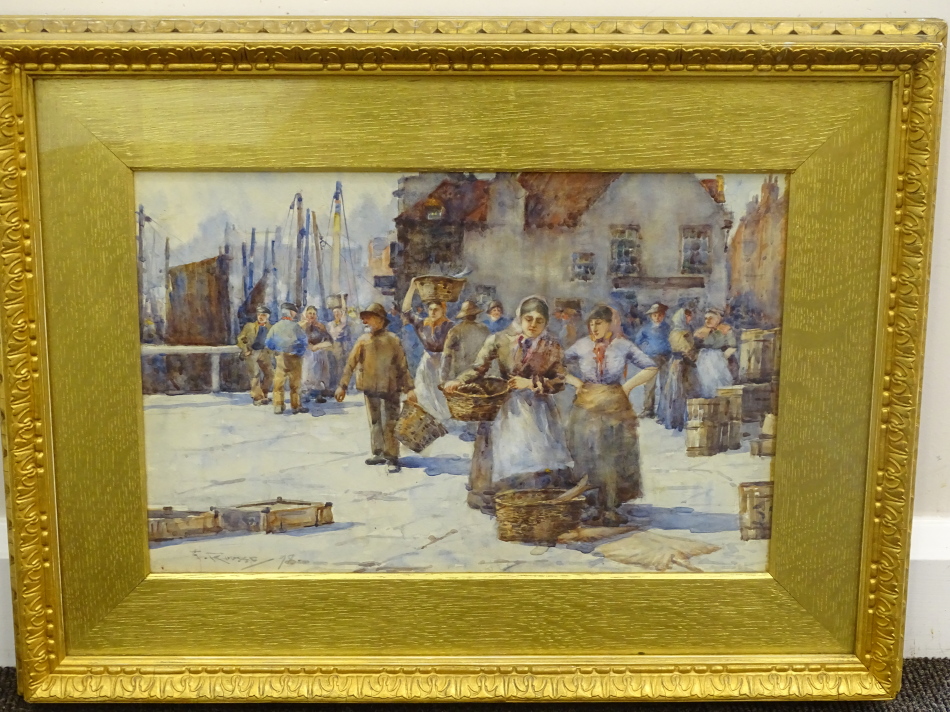 Frank Rousse (act. 1894-1917). Whitby fish market, watercolour, signed and dated (18)98, 29.5cm x - Image 2 of 4