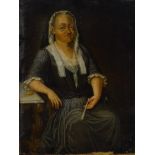19thC School. Three quarter portrait of an old lady holding a fan, oil on canvas, 59cm x 42.5cm.