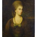 18thC School. Half length portrait of a woman wearing a dress with blue ribbon, oil on canvas,