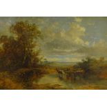 19thC British School. River landscape with horses and wagon, figure fishing, oil on canvas, 47.5cm x