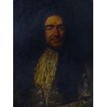18thC School. Half length portrait of a gentleman in green jacket, lace collar and wig, holding a