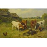 Claude Cardon (1864-1937). Calves, piglets, hens and chicks, oil on canvas, signed and dated (18)98,