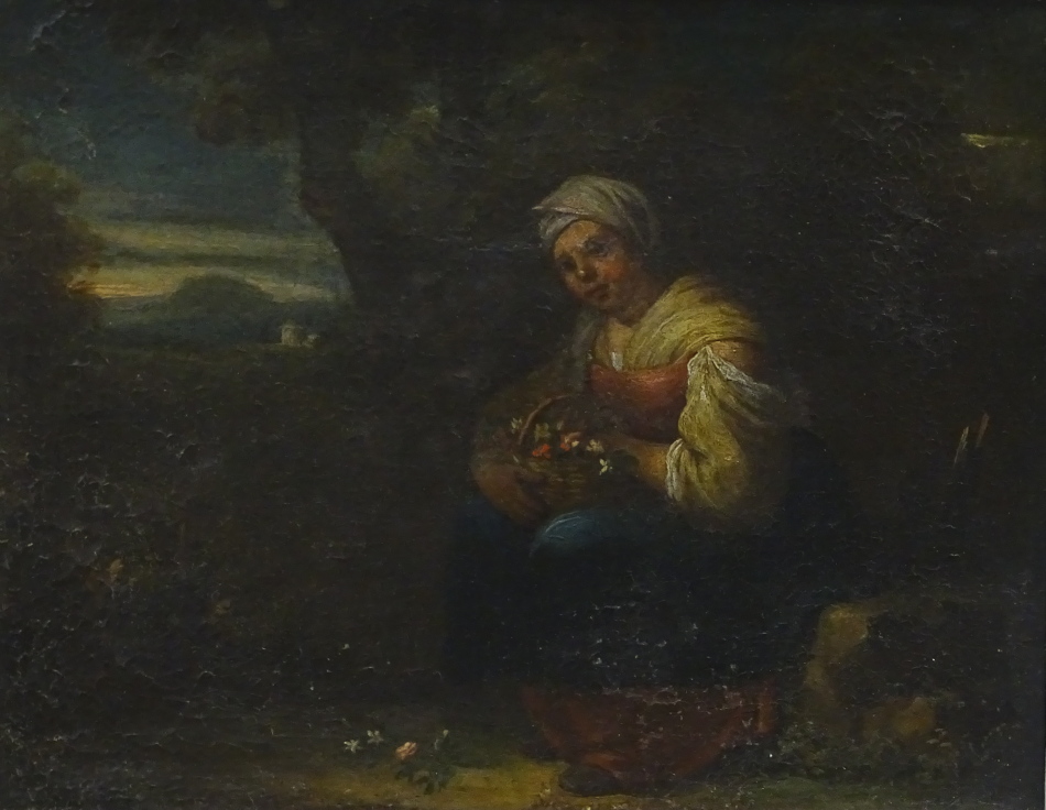 18thC/19thC British School. Maiden with basket of flowers, oil on canvas, 24.5cm x 32cm.