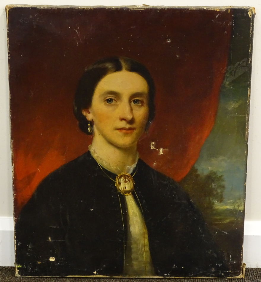 19thC School. Head and shoulders portrait of a young lady wearing a cameo brooch, oil on canvas, - Image 2 of 3