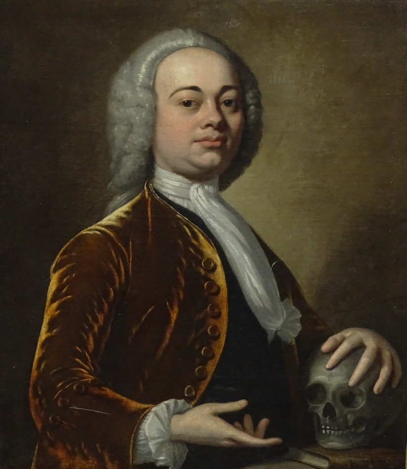 18th/19th School. Half length portrait of a gentleman with wig, silk scarf and gold jacket holding a