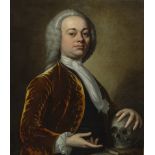 18th/19th School. Half length portrait of a gentleman with wig, silk scarf and gold jacket holding a