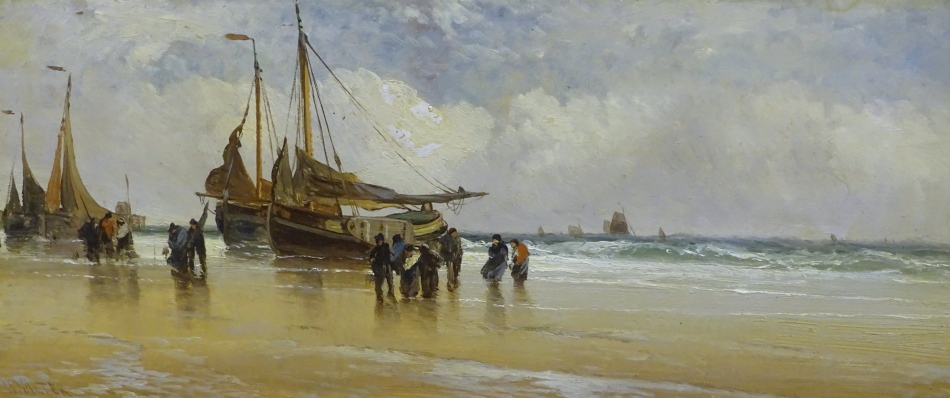 H. Walter. Coastal scene with fishing boats and figures, oil, signed, 17.5cm x 39cm.