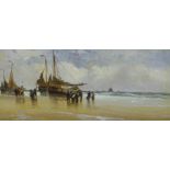 H. Walter. Coastal scene with fishing boats and figures, oil, signed, 17.5cm x 39cm.