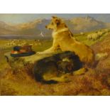 After Sir Edwin Landseer RA. Two sheepdogs and a flock in the Highlands, 58cm x 69cm, oil on